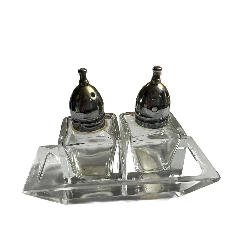 Vintage Viking Glass Crystal Clear w/ Chrome Salt & Pepper Shakers & Tray Japan